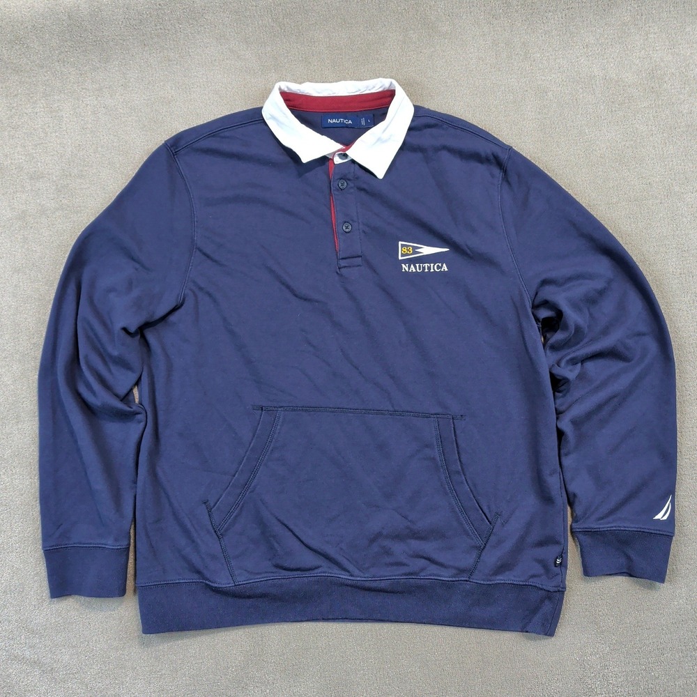 Nautica Rugby Sweatshirt Mens Large Navy Blue Long Sleeve Polo Kangaroo Pocket